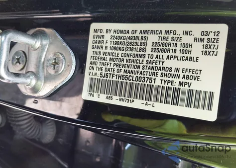 2012 Honda Crosstour Ex-L z USA, uszkodzony, nr VIN 5J6TF1H55CL003751